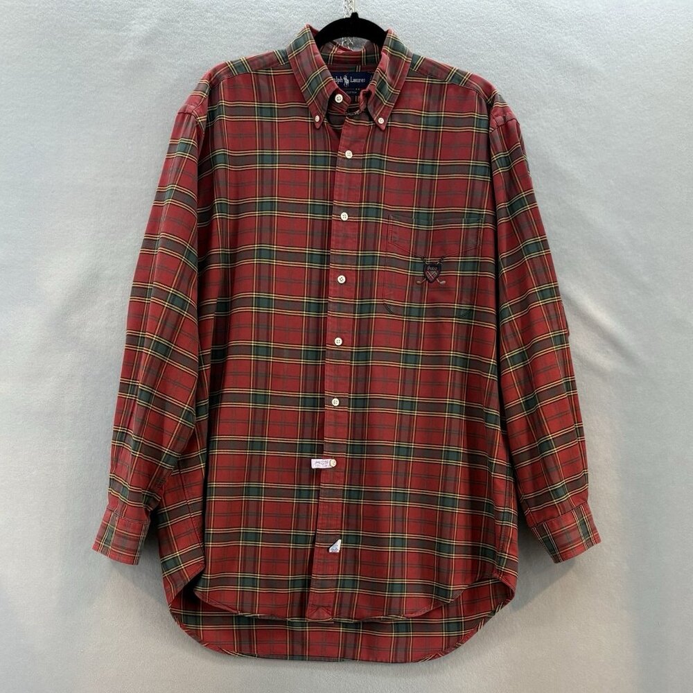 Vintage Ralph Lauren Button-Down Shirt Mens SZ M Country Club Crest‎ Red Plaid